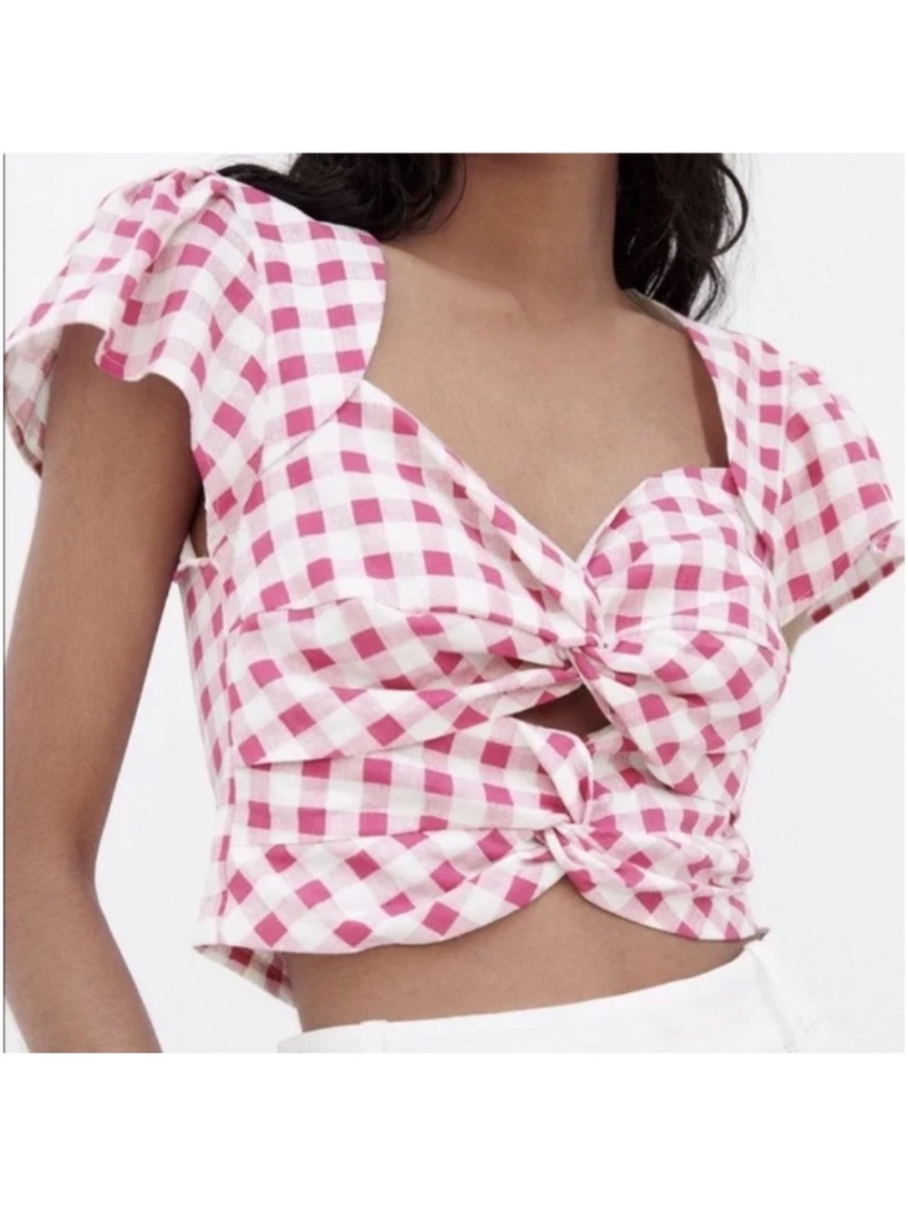 Zara Pink and White Gingham Tie-Front Crop Top